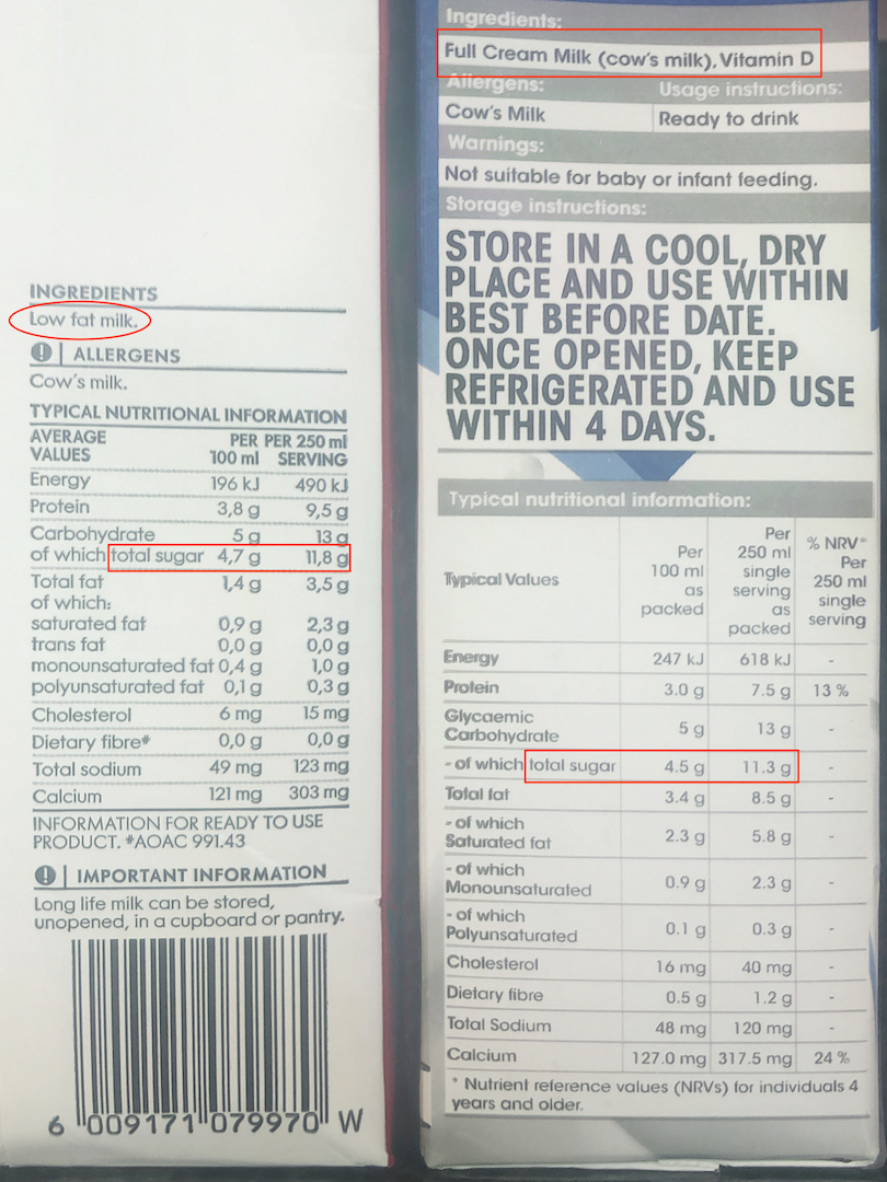 low fat versus full cream product labels