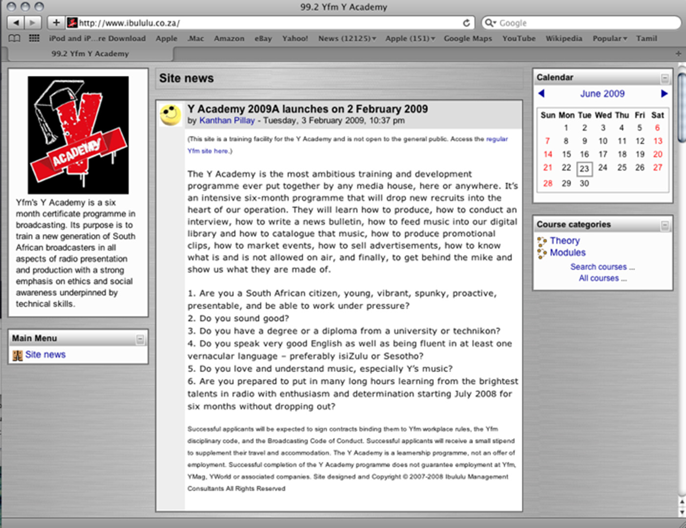 Y Academy website 2009