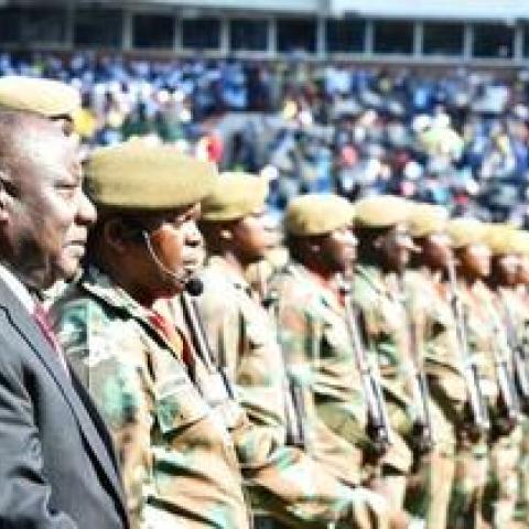 President Cyril Ramaphosa reviews members of the SANDF